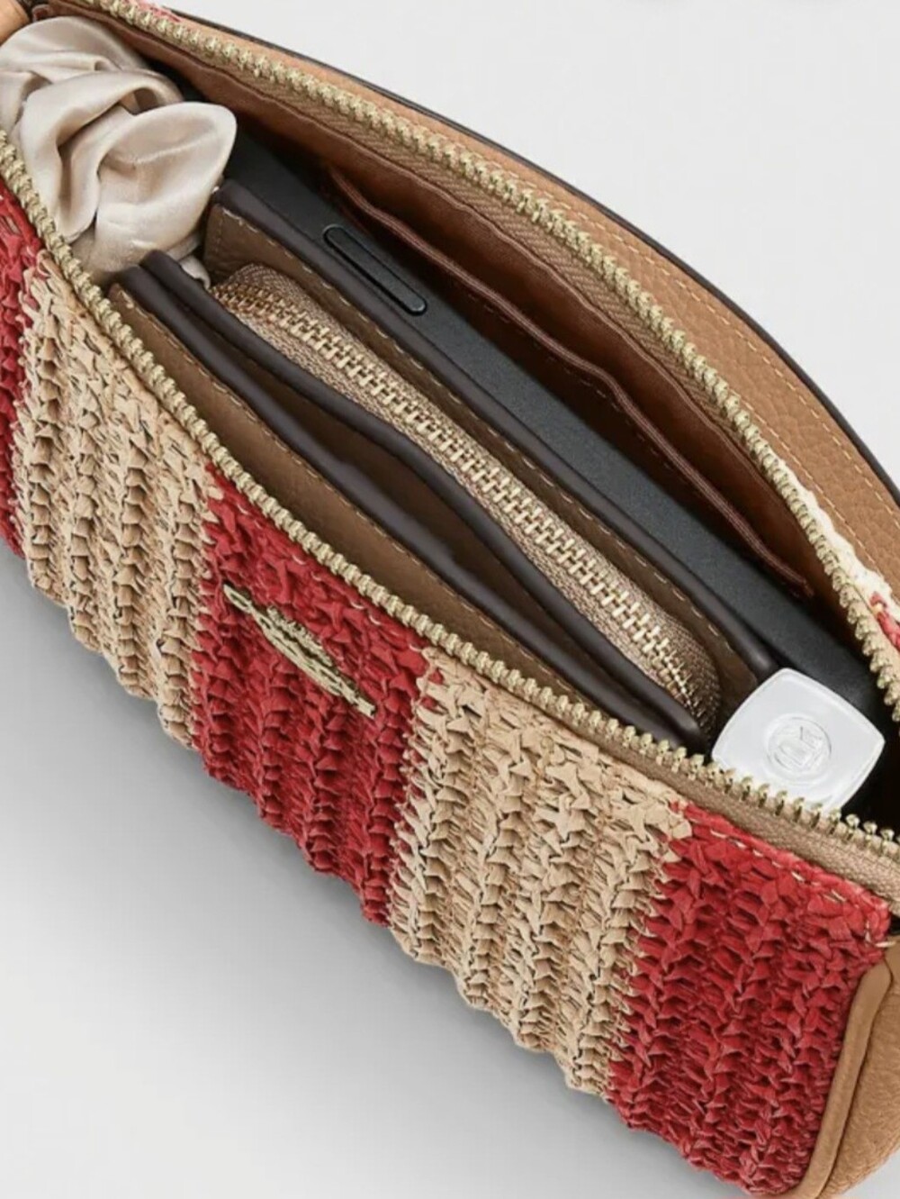 NWT Coach Nolita 19 Sm. Grab Clutch Raffia & Leather Red & Tan - Picture 7 of 12